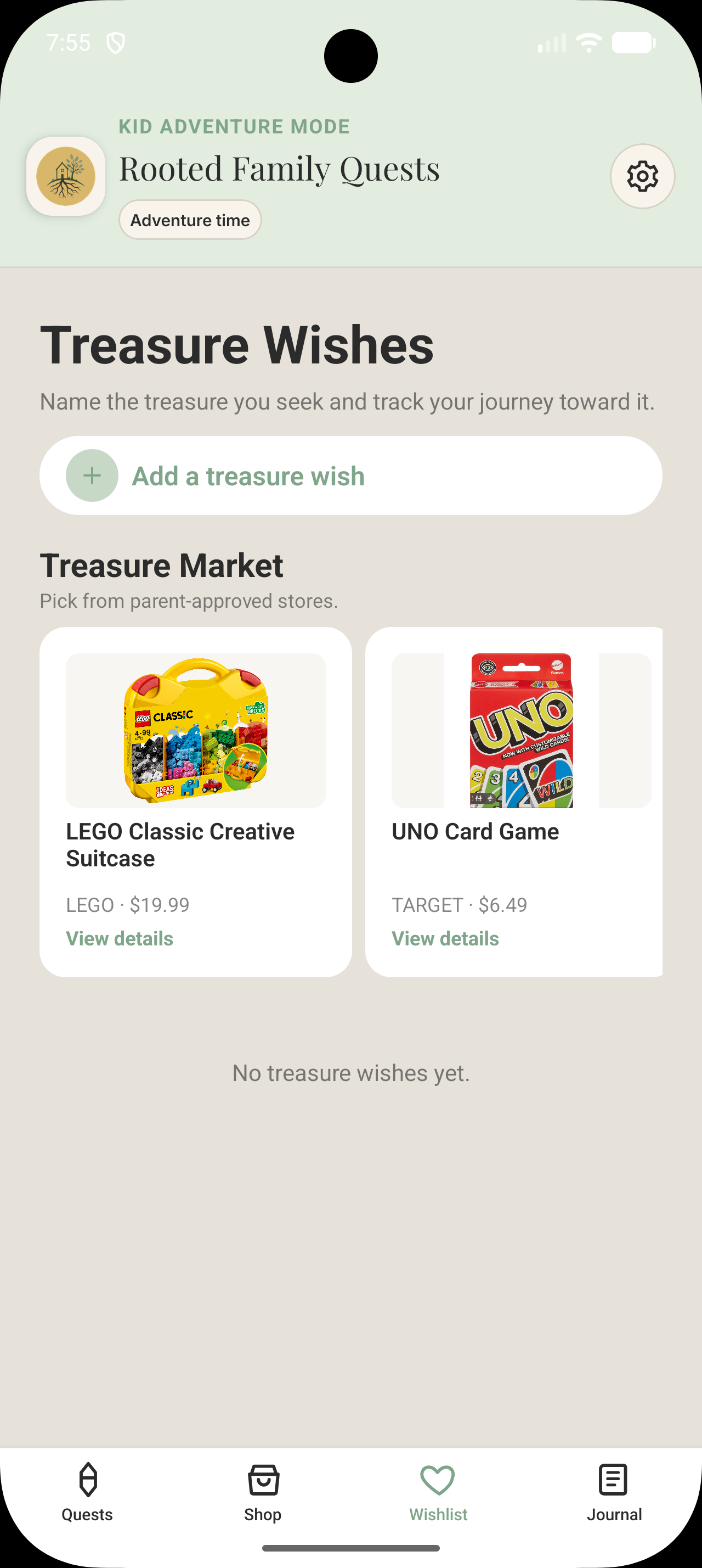Rooted Family rewards and wishlist screenshot